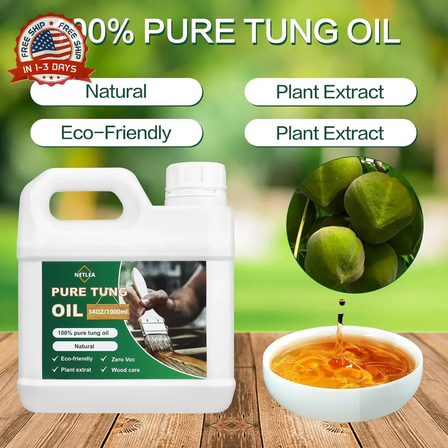 34oz 100% Pure Tung Oil for Wood Finish,Pure Natural for Furniture,Countertop,Wo