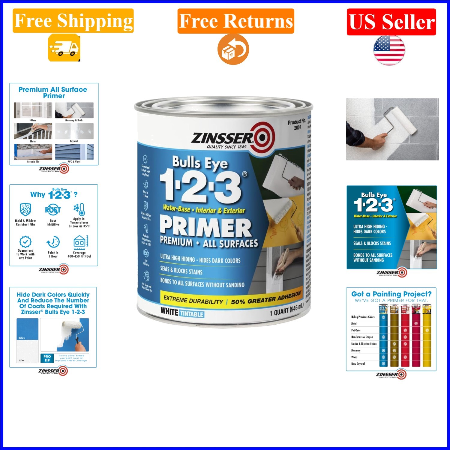 1 Quart White Bulls Eye 1-2-3 Primer Sealer, Water-Based, Interior/Exterior