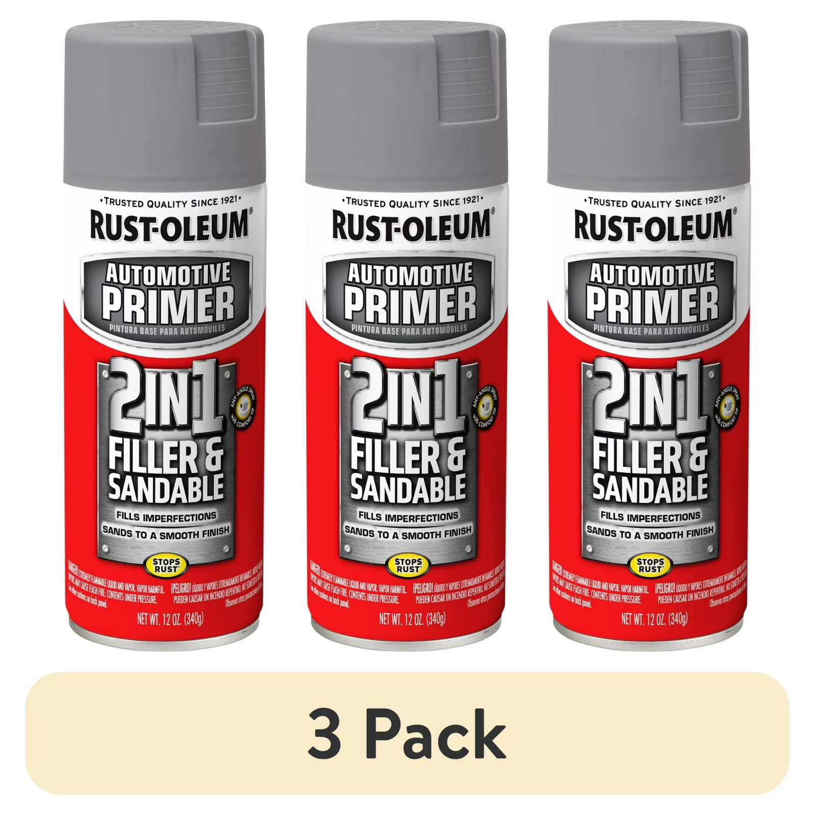 3 Pack Rust-Oleum Automotive 2 in 1 Filler Sandable Primer Spray Paint 12oz Gray