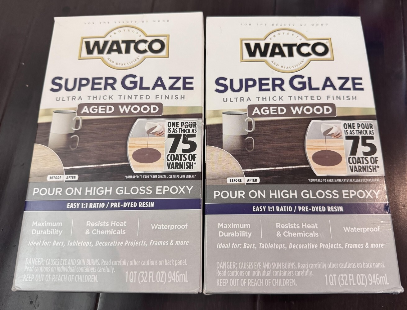 2 PACK Rust-Oleum Watco Super Glaze Pour On High Gloss Epoxy 1 Quart Aged Wood