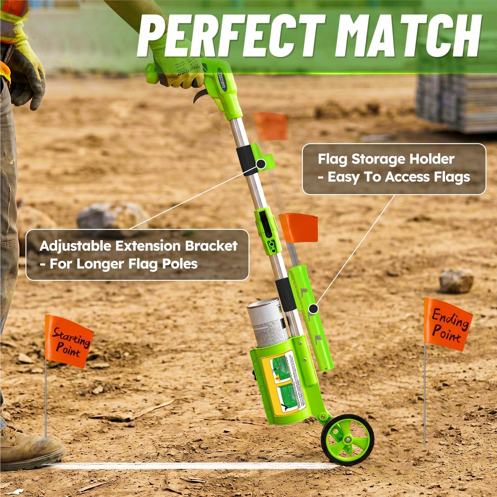 Adjustable Marking Paint Wand with 20 Flags & Holder, Foldable Carry Bag, 3-Line
