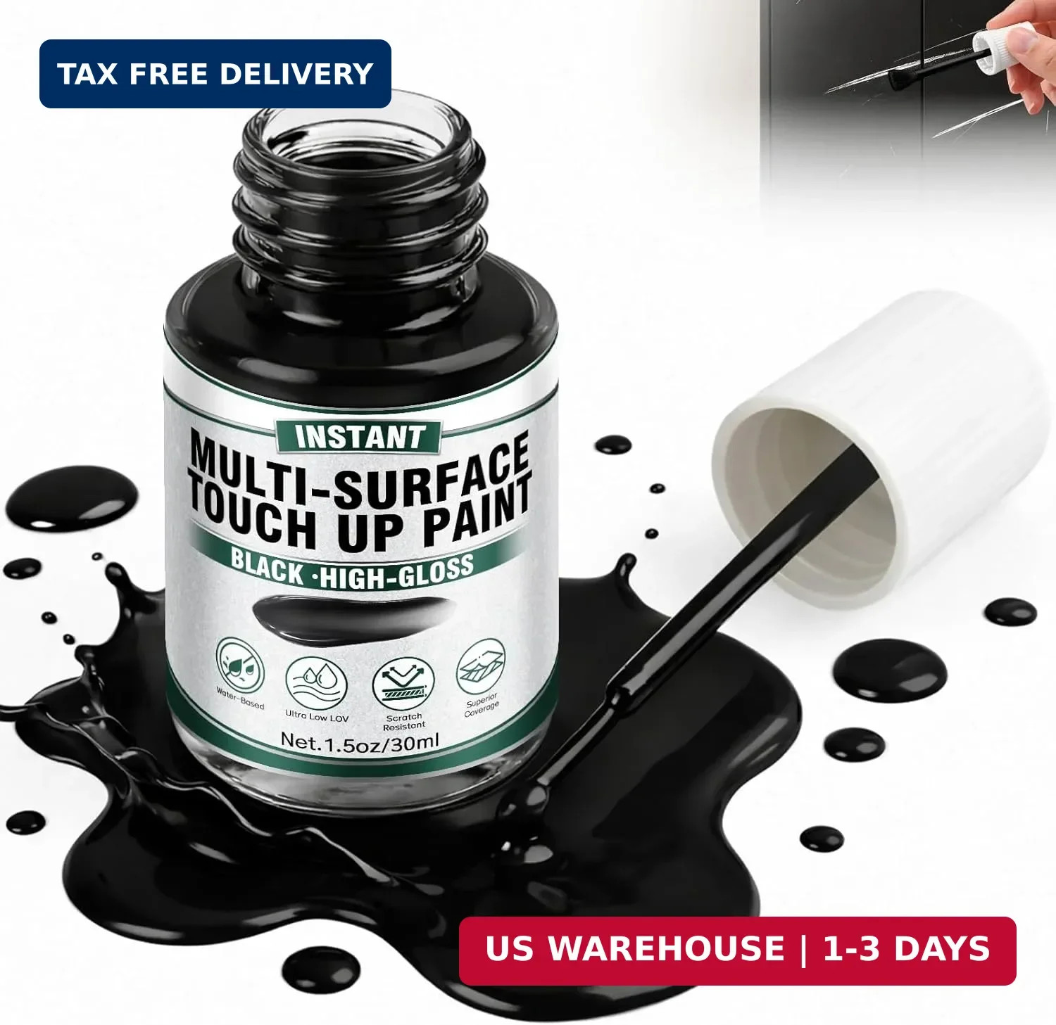 Black Touch Up Paint Pen, High Gloss Black Paint for Scratch Repair, Multi-Surfa