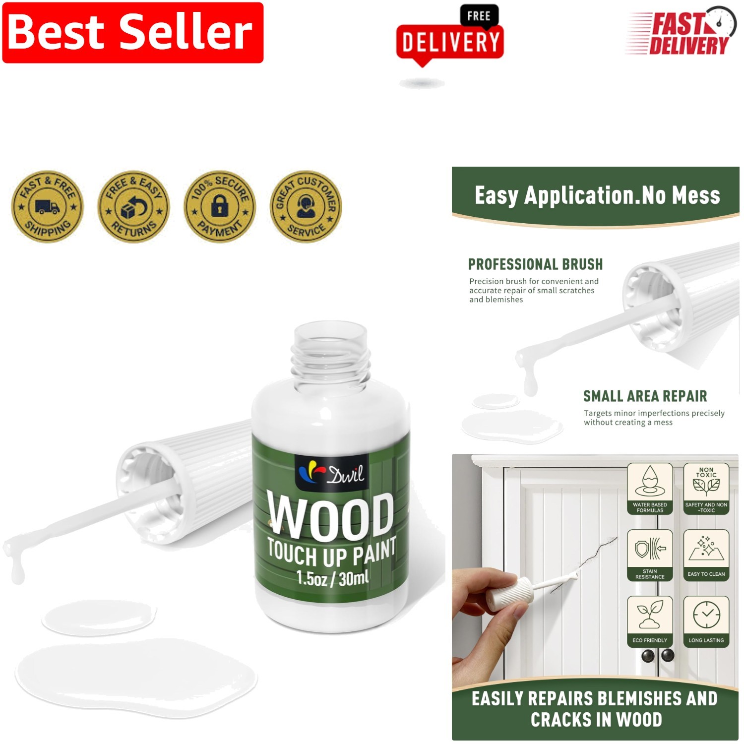 1.5 Oz Quick-Dry Water-Based Wood Touch Up Paint for Flawless Furniture Repair