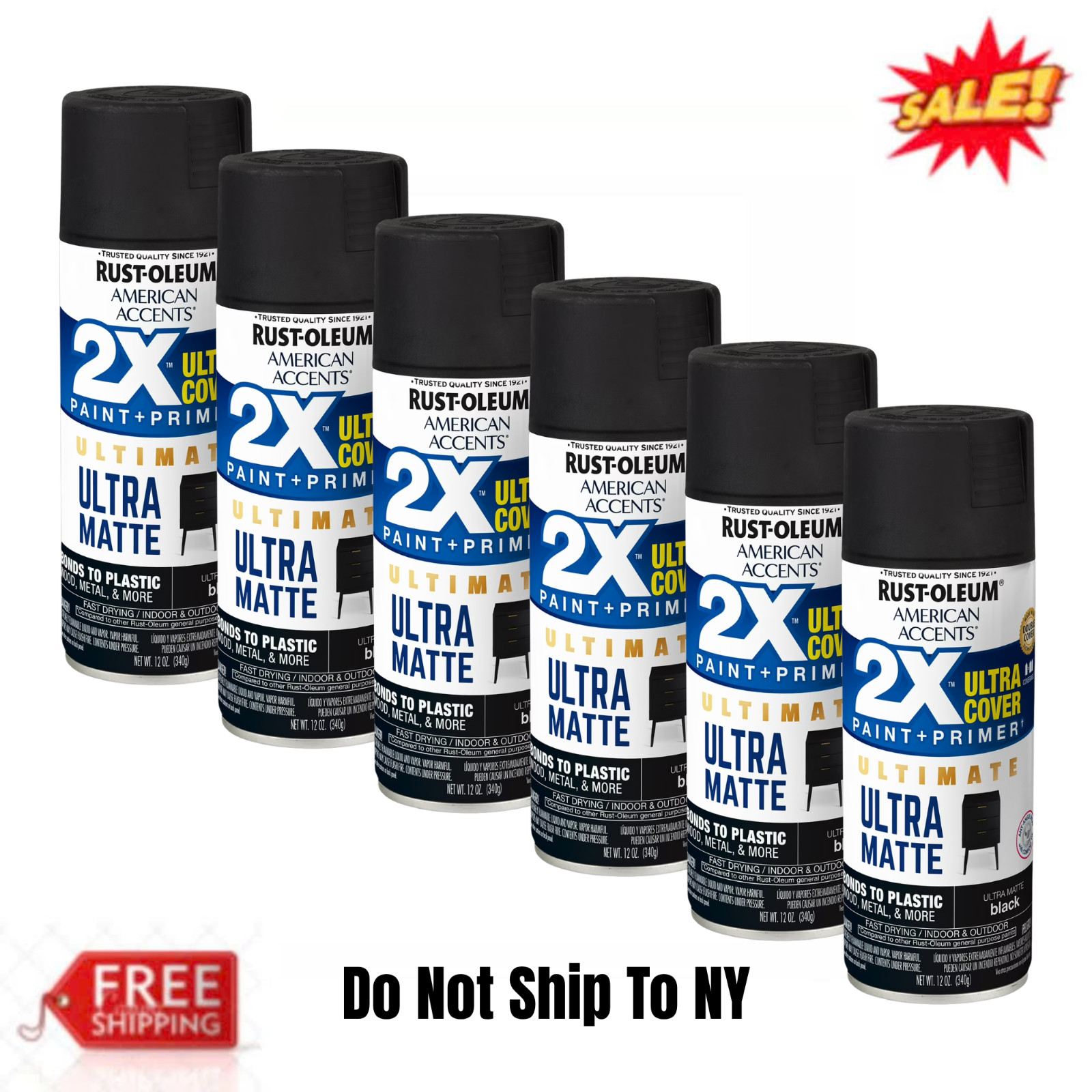 (6 Pack) Rust-Oleum American Accents 2X Ultra Cover Matte Black Spray Paint 12oz