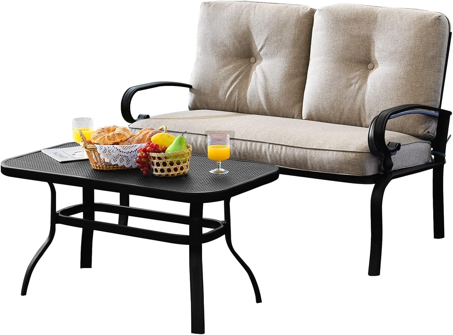 Patio Loveseat with Table Set, 2 Seat Cushioned Sofa with Coffee Table, Patio Co