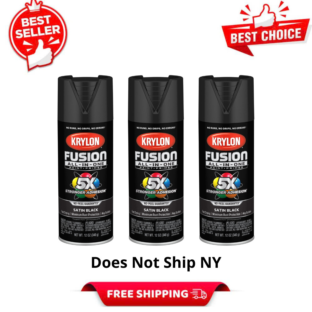 (3 Pack) Krylon Fusion All-In-One Spray Paint, Satin Black, 12 oz, Paint+Primer