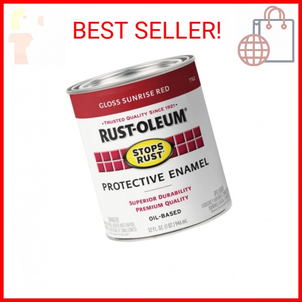 Rust-Oleum 7762502 Stops Rust Brush On Paint, Quart, Gloss Sunrise Red, 1 Quarts