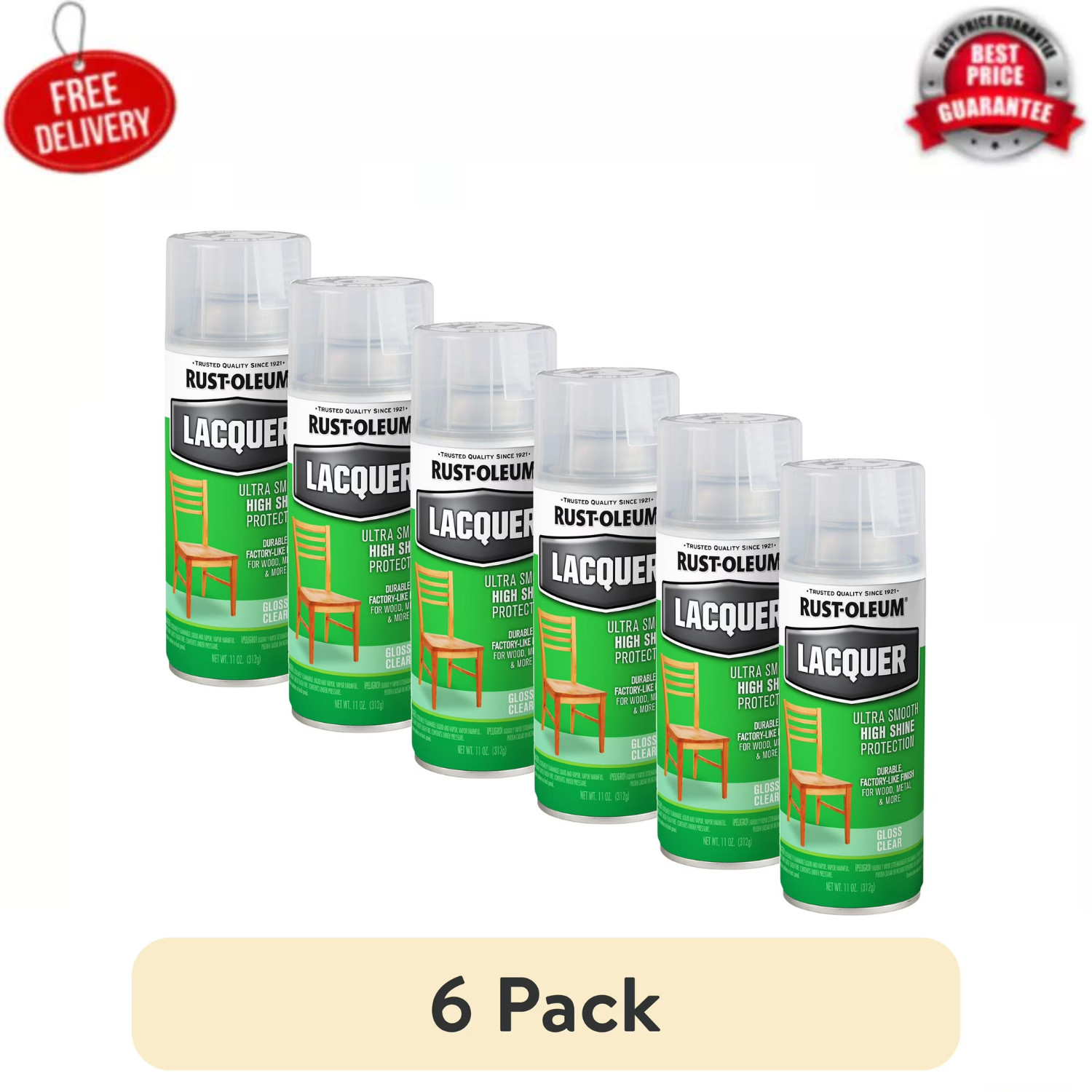 (6 pack) Clear, Rust-Oleum Lacquer Gloss Spray Paint-1906830, 11 oz