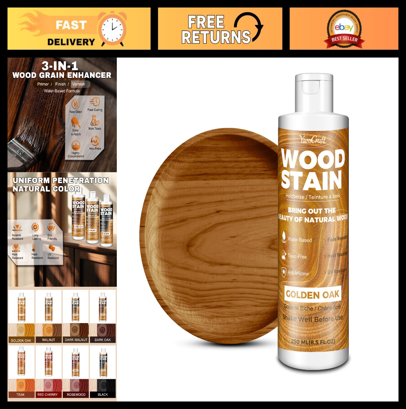 Golden Oak Water-Based Wood Stain 8.5oz – Fast Drying, Low Odor, Non-Toxic for F