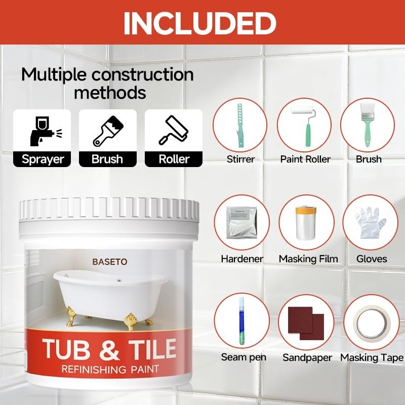 16oz Tub & Tile Refinishing Kit – Easy Use Water-Based White Paint, Low Odor, To