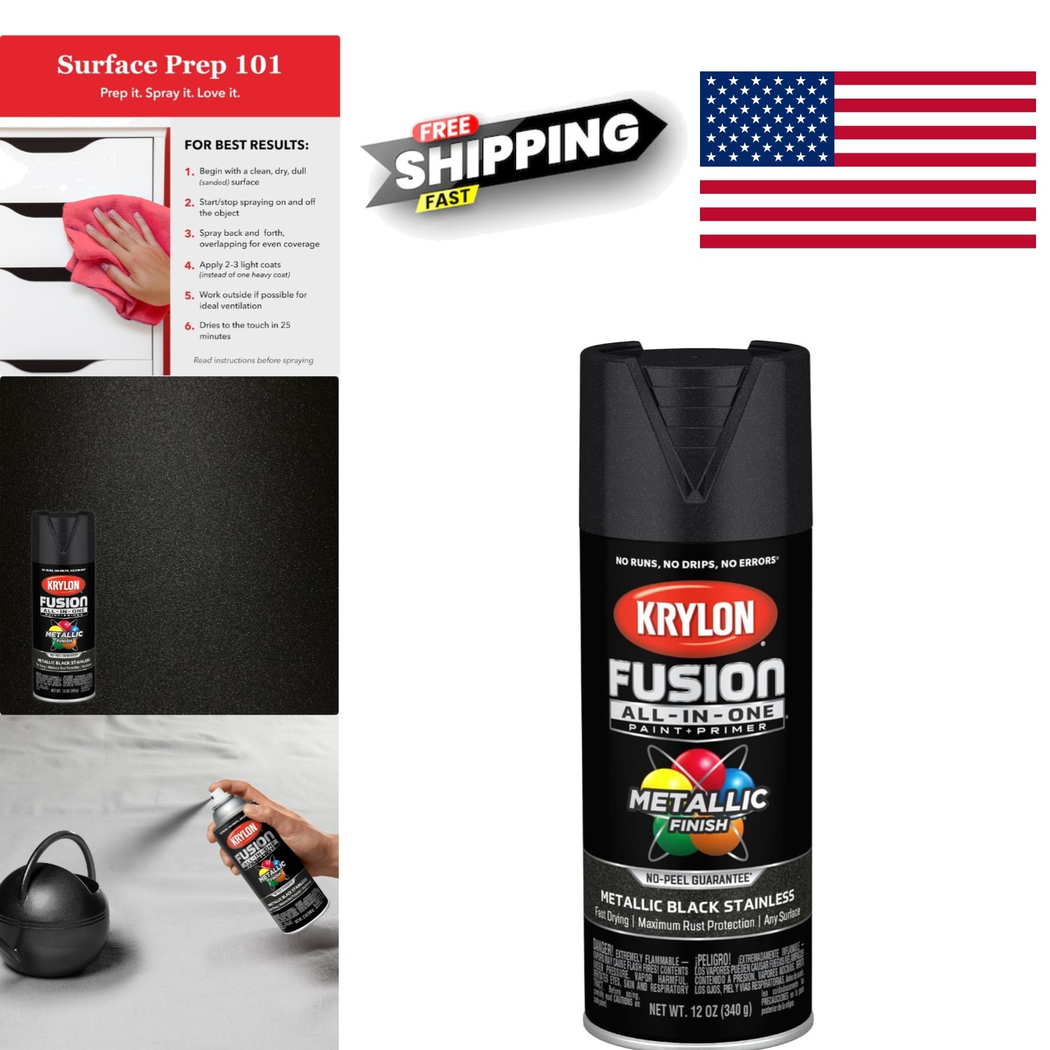Metallic Spray Paint 12 Ounce Black Stainless Rust Resistant Fast Drying Formula