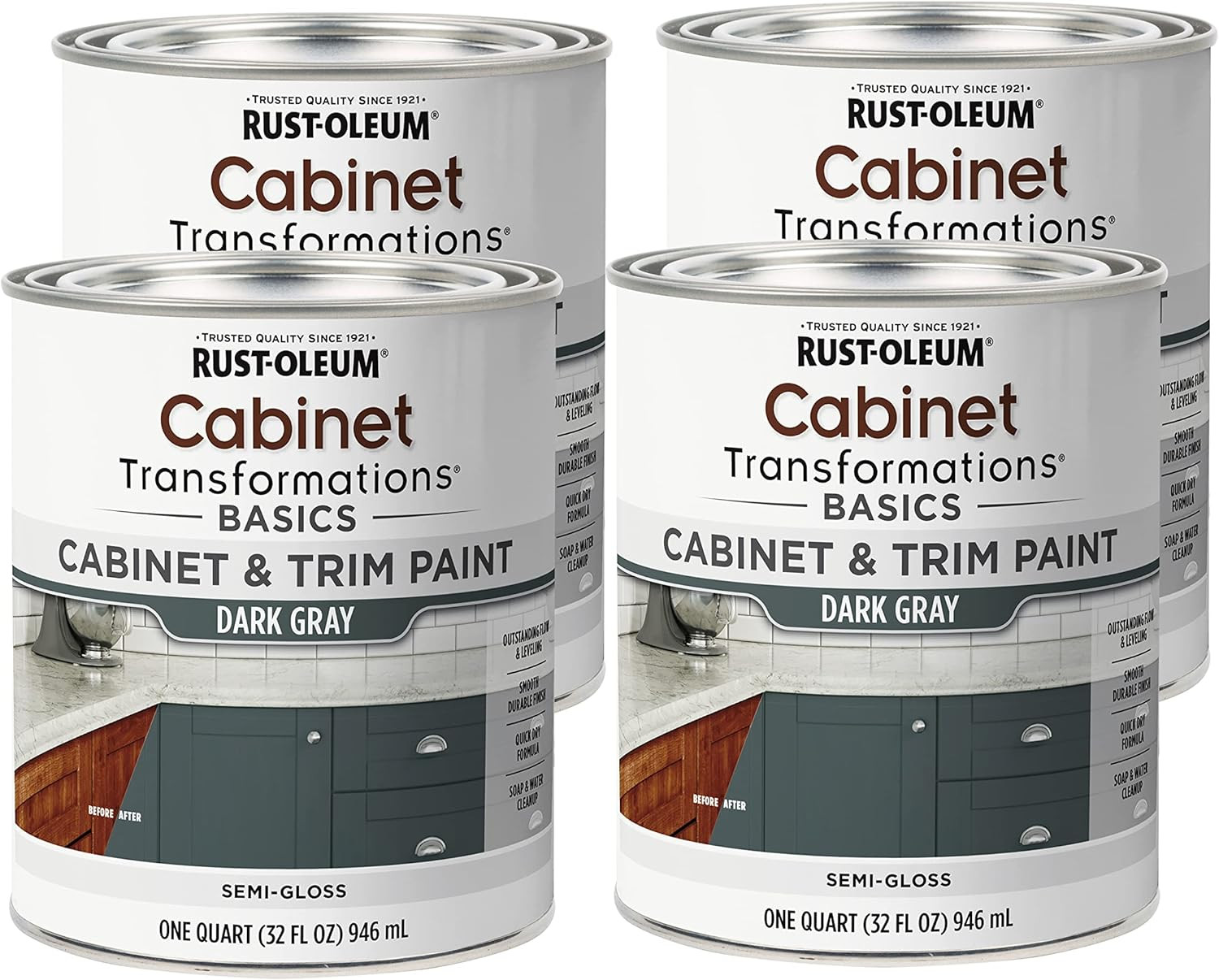 Rust-Oleum 4PK Transformations Basics Cabinet & Trim Paint, Quart, Dark Gray