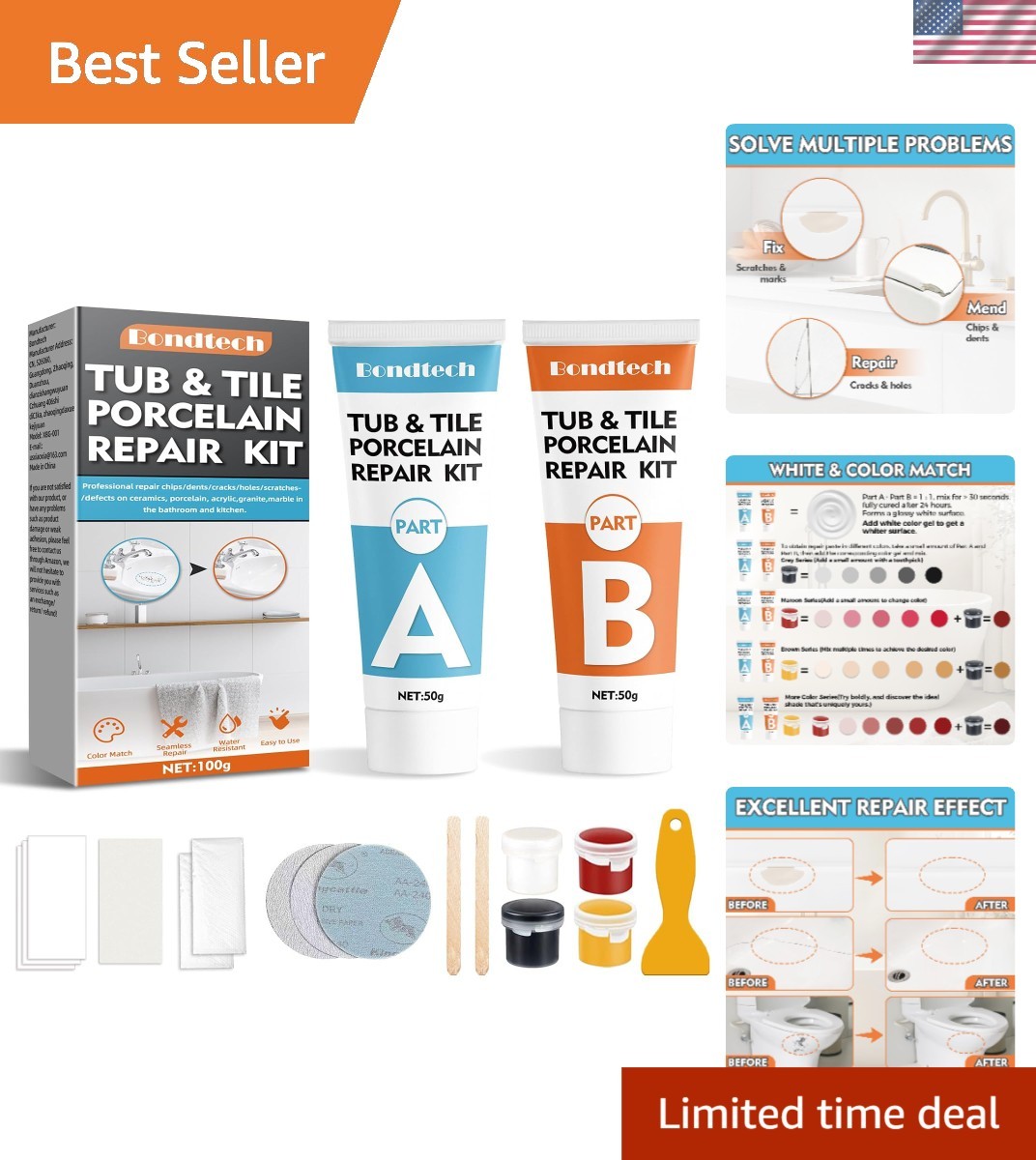 Porcelain Repair Kit, White Bathtub & Tile Repair Kit, for Tub, Enamel, Fiber…