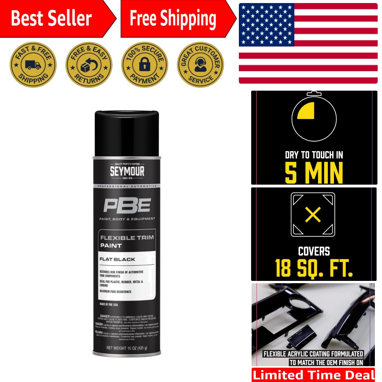 Seymour 20-1678 Flat Black Spray Paint – 15oz Heat Resistant for Durable Finish
