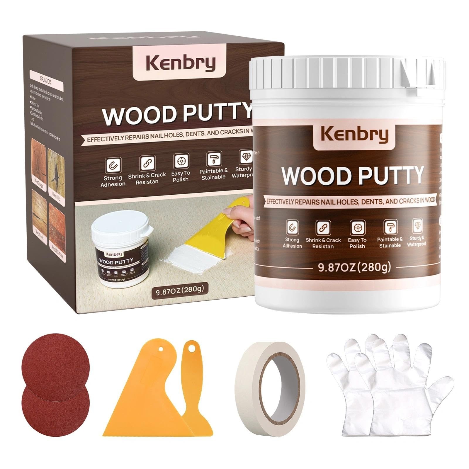 Wood Putty, White Wood Filler Paintable Sandable Stainable for All Purpose, 9…