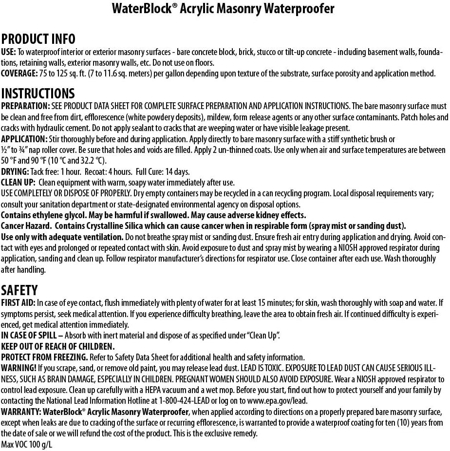 Waterblock Acrylic Masonry Waterproofer Paint, White, 1 Gallon