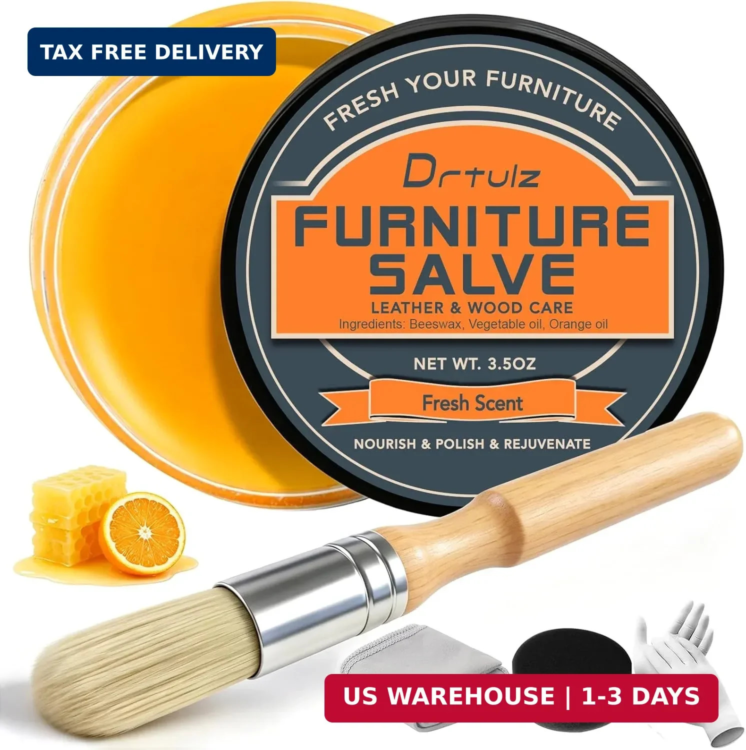 Furniture Salve with Beeswax & Orange Oil for Leather, Wood, Vinyl – 3-in-1 Poli