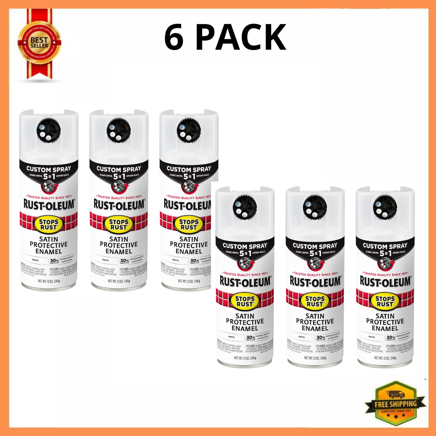 Rust-Oleum Stops Rust Custom 5-in-1 Satin Spray Paint White 12oz 6 Pack