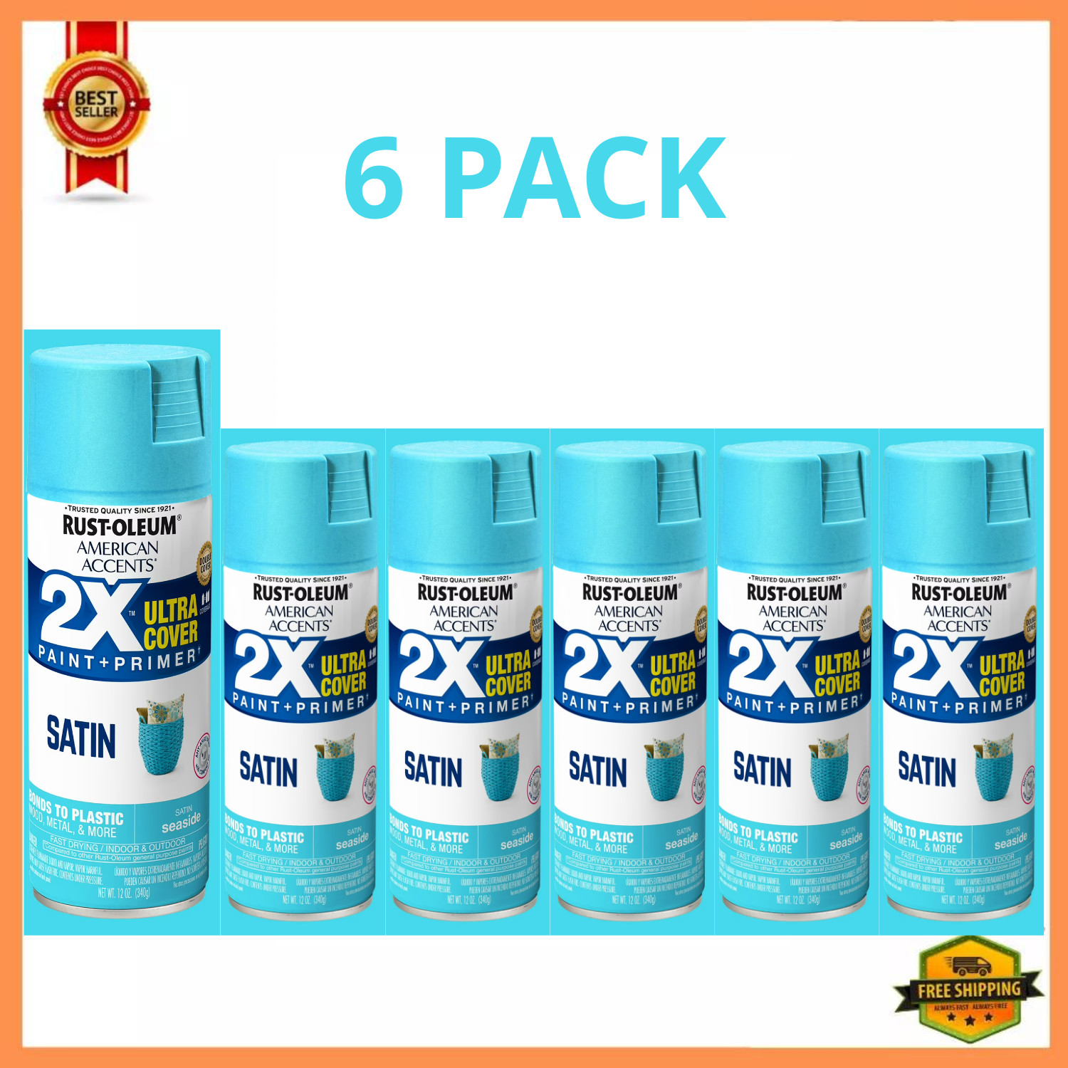 Rust-Oleum American Accents 2X Ultra Cover Satin Seaside Spray Paint 12oz, 6 PK