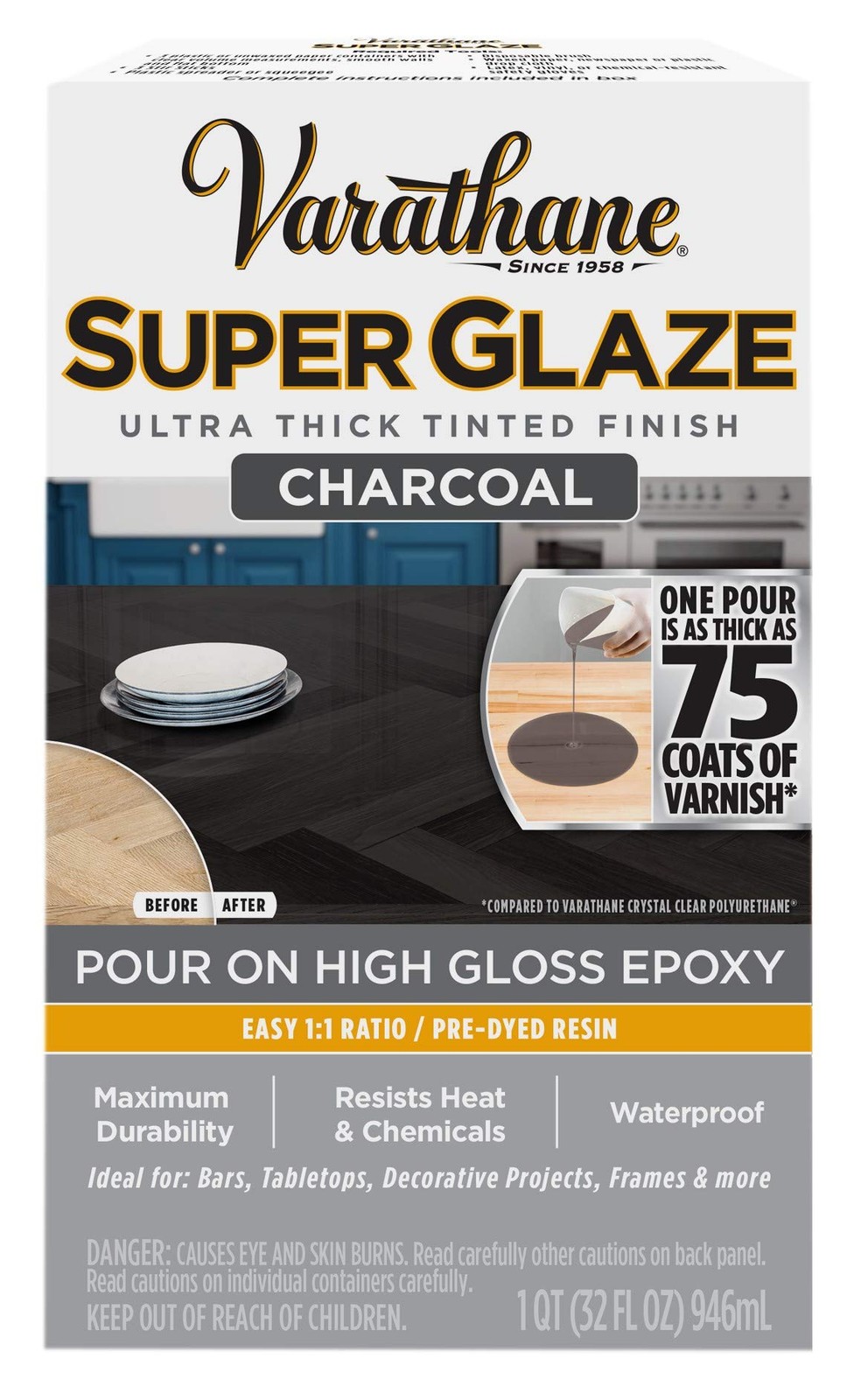 Varathane 363902 Super Glaze Pour-On High Gloss Epoxy Quart Charcoal
