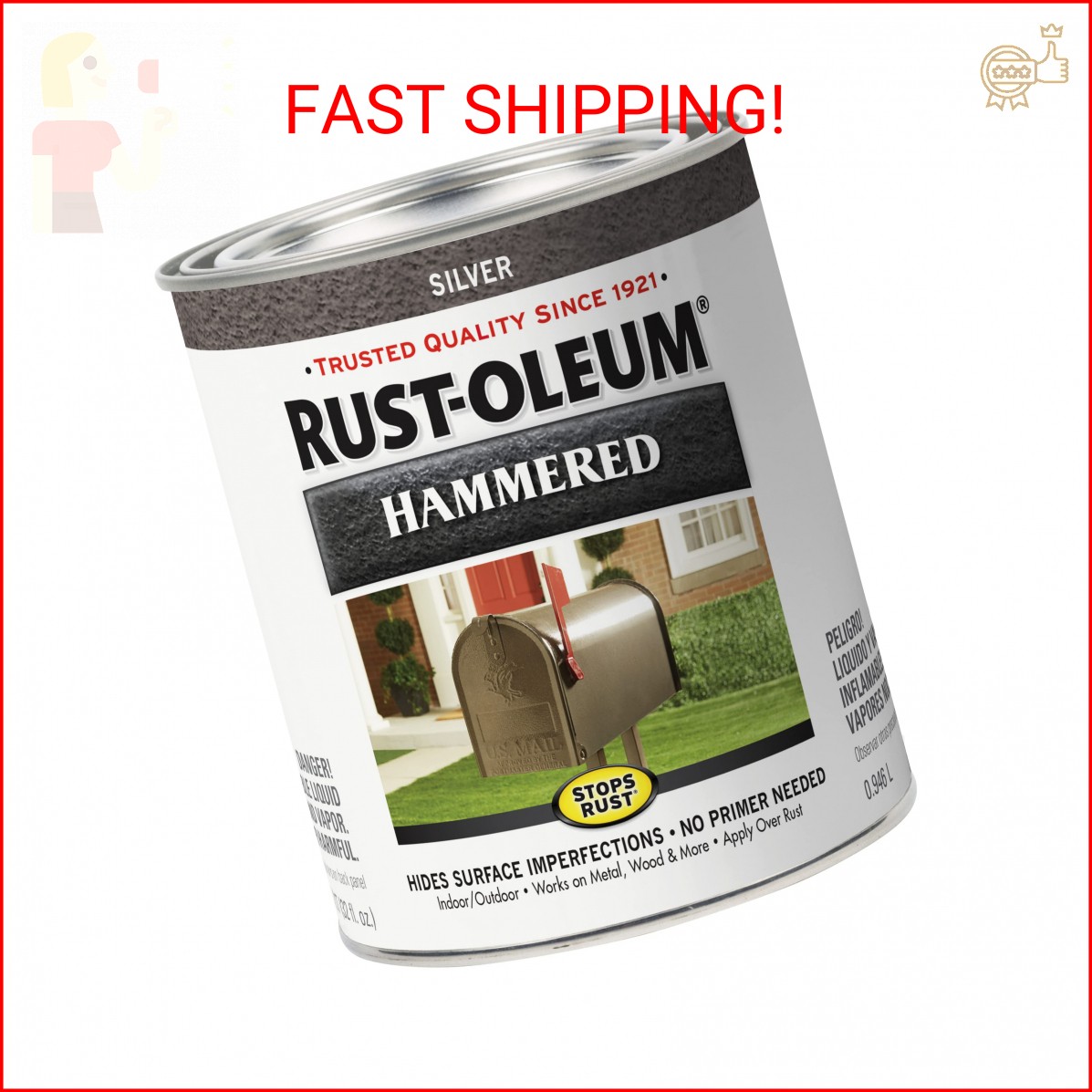 Rust-Oleum 7213502 Stops Rust Hammered Finish Paint, Quart, Silver