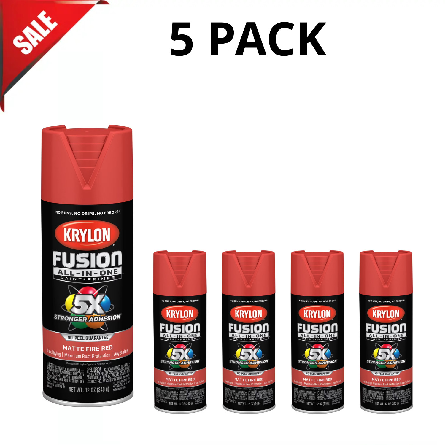 Krylon Fusion All-In-One Spray Paint, Matte, Fire Red, 12 oz, 5 Pack