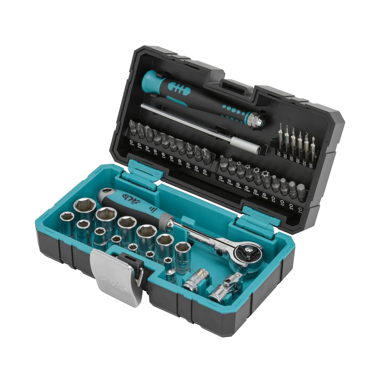 HB 44-Piece Socket Set AKM024-U | 90-Tooth Swivel Head Ratchet 1/4-Inch Drive…