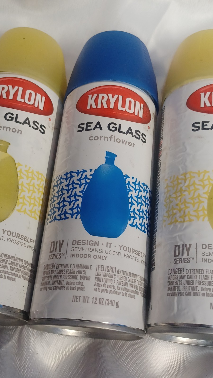 Krylon Sea Glass Spray Paint Lot Lemon (x2) Cornflower (x 1) Amber (x 3/4 READ