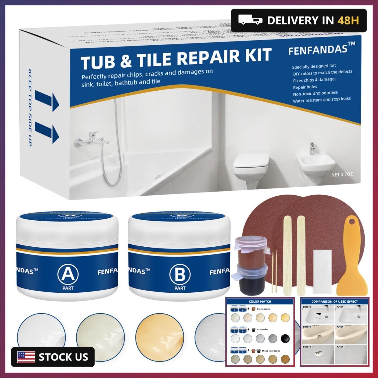 Tub and Fiberglass Shower Repair Kit White, 3.7oz Porcelain Tile Repair Kit, Por