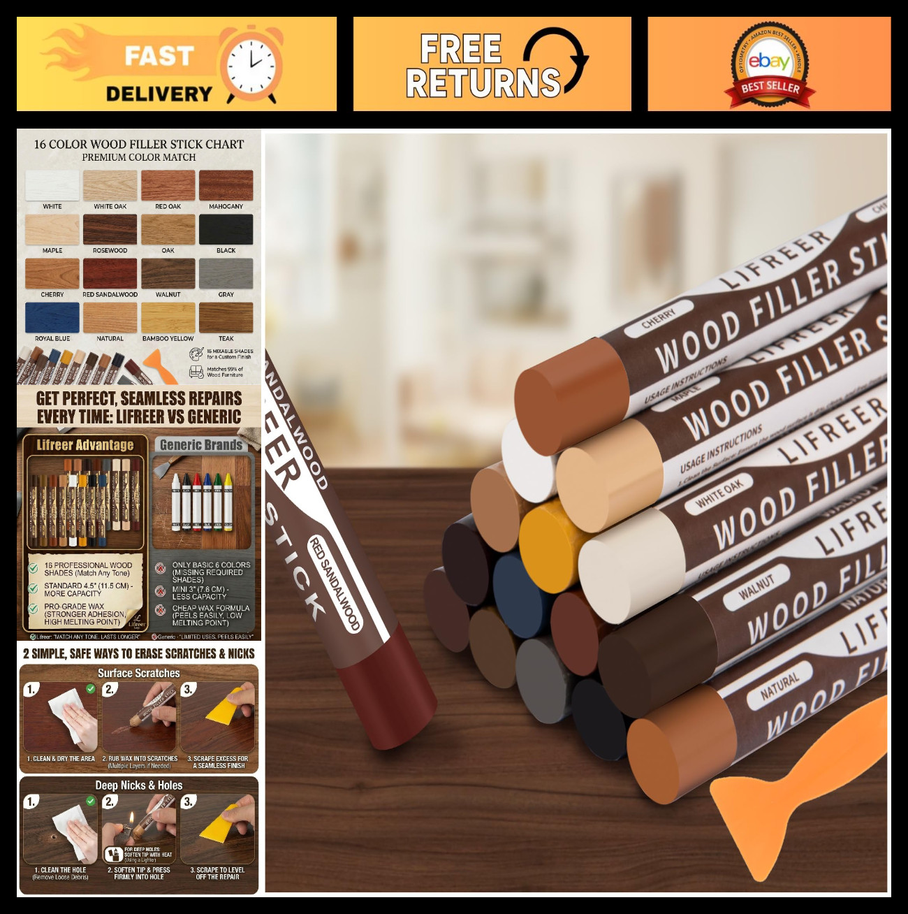 Wood Filler Sticks – 16 Color Crayons for Scratches, Cracks & Touch-Up Repair