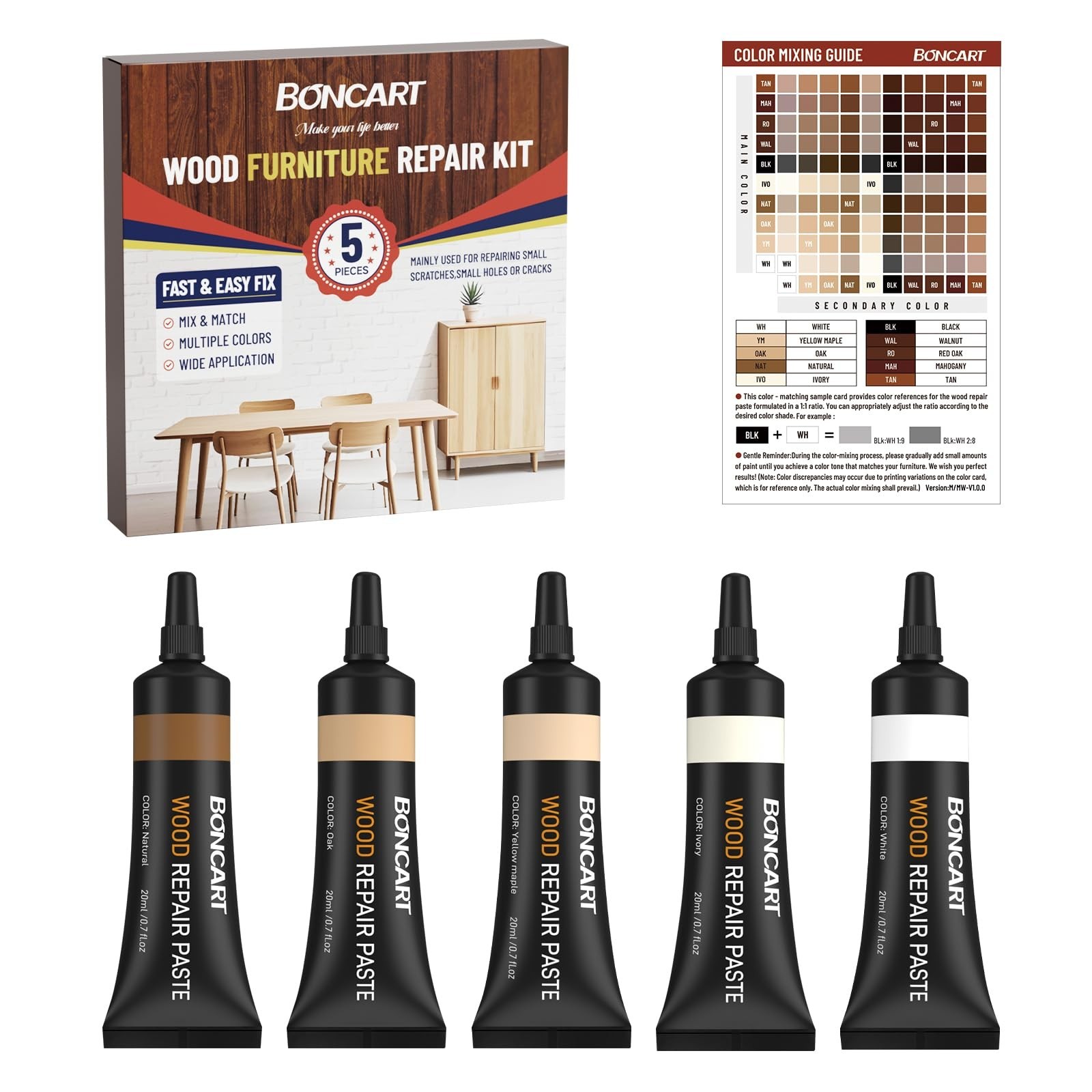 Boncart Wood Furniture Repair Kit, Wood Touch up Fillers, Repair Scratches, C…