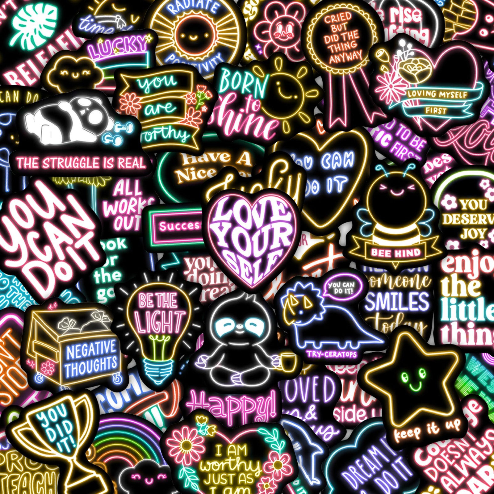 50 Pcs Neon Inspirational Quotes Kids Stickers for Water Bottle, Waterproof Viny