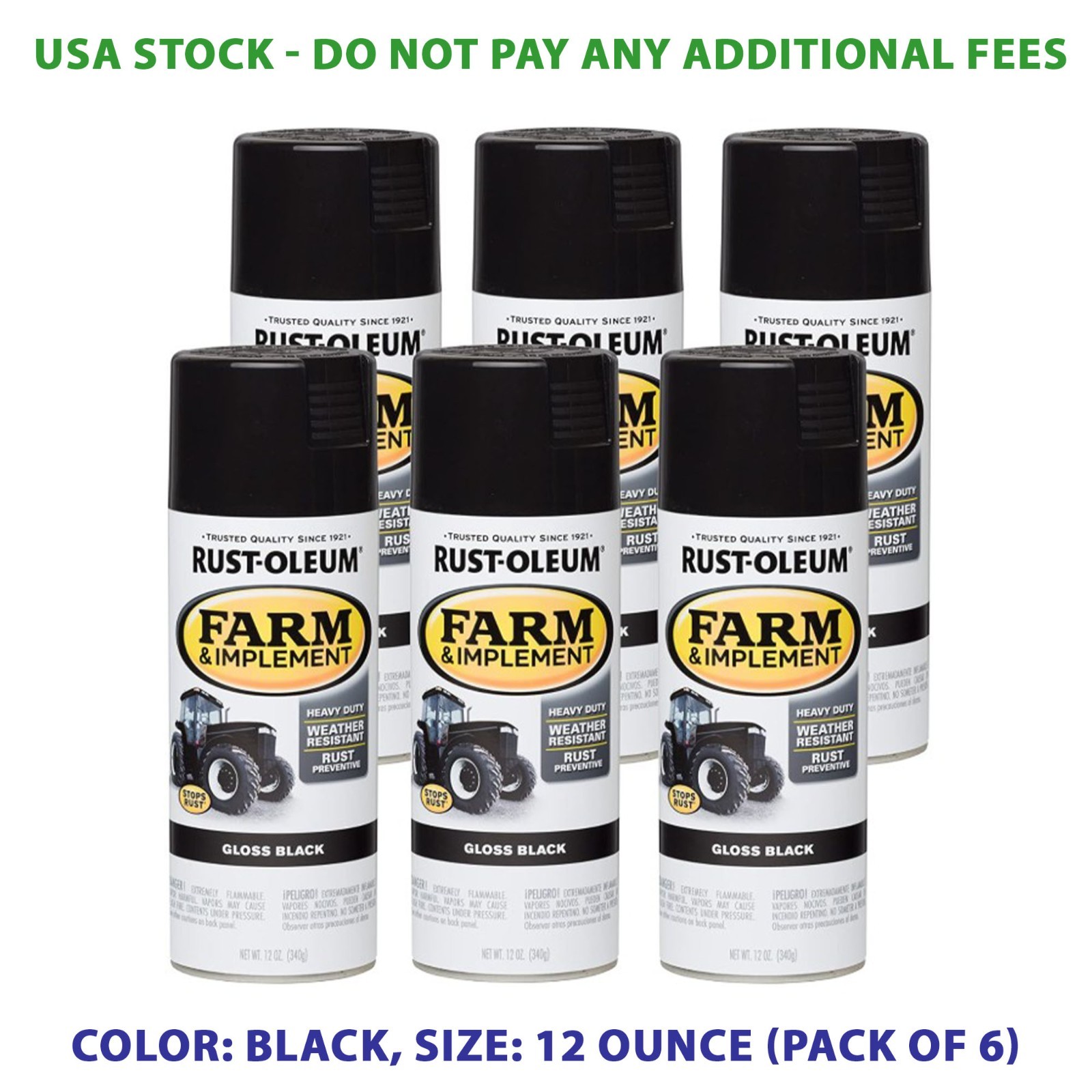 Rust-Oleum 280123 Farm & Implement Spray Paint, 12 oz, Gloss Black, (Pack of 6)