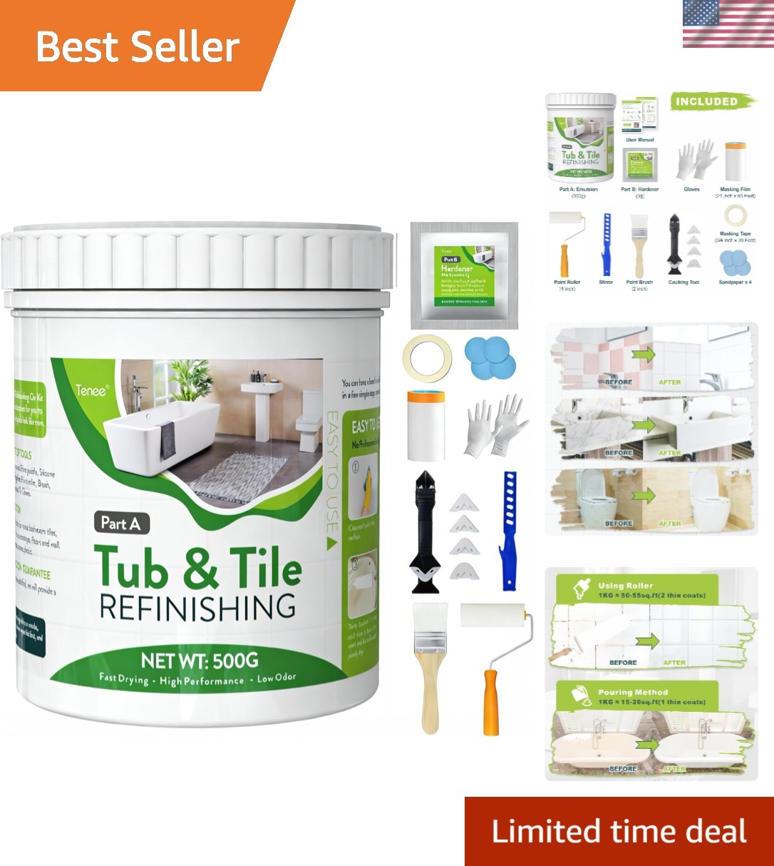 17oz White Tub and Tile Paint, Tub and Tile Refinishing Kit with 8 Tools, Sem…