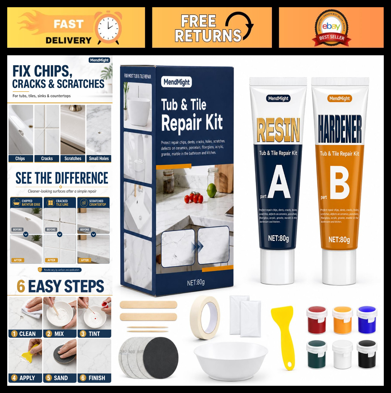 Porcelain Repair Epoxy Kit – 5.6 oz for Chips, Cracks & Scratches on Tub, Sink,