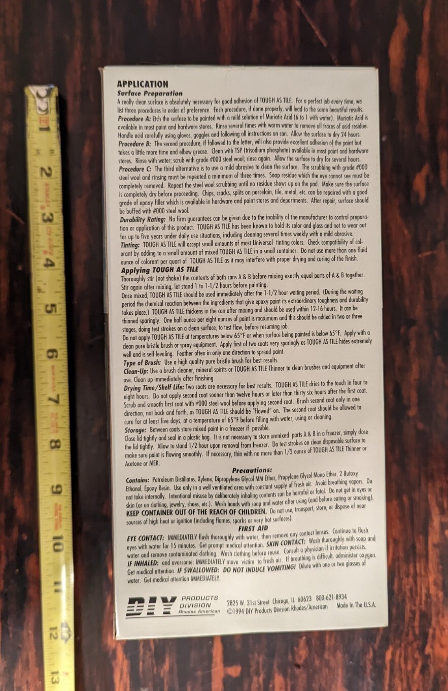 NOS OEM 32 oz Tough As Tile Sink Tile Fiberglass Metal Formica Refinishing Kit