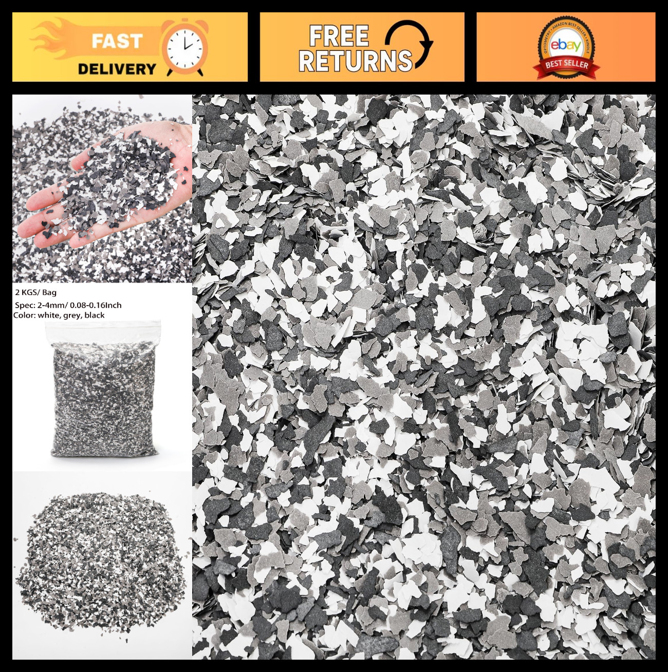 Decorative Color Chips for Garage Floor Epoxy – 2 Kg Blend, Gray White Black