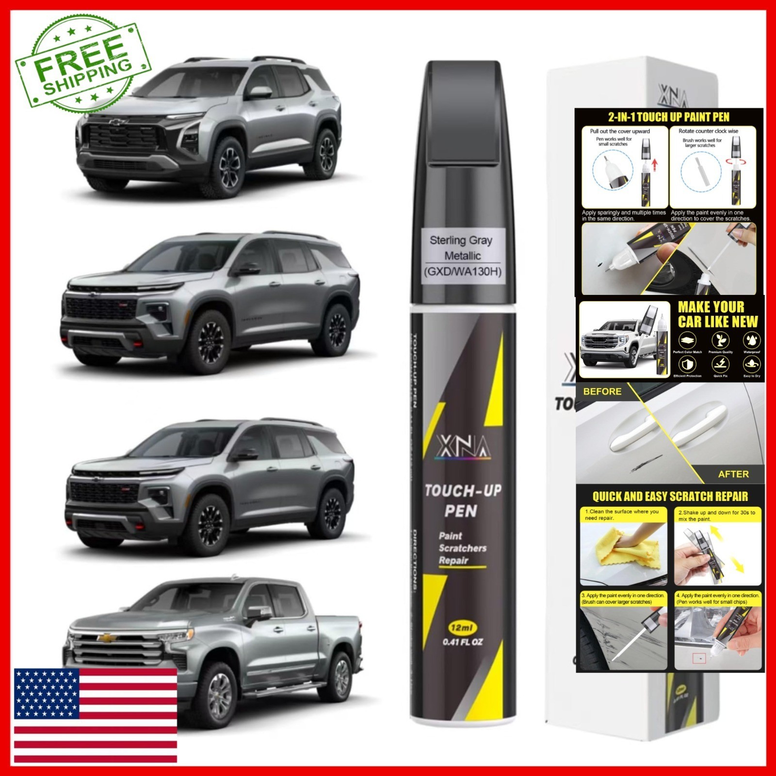 XNA Car Touch Up Paint Sterling Gray Metallic for Chevrolet 0.41 Fl Oz