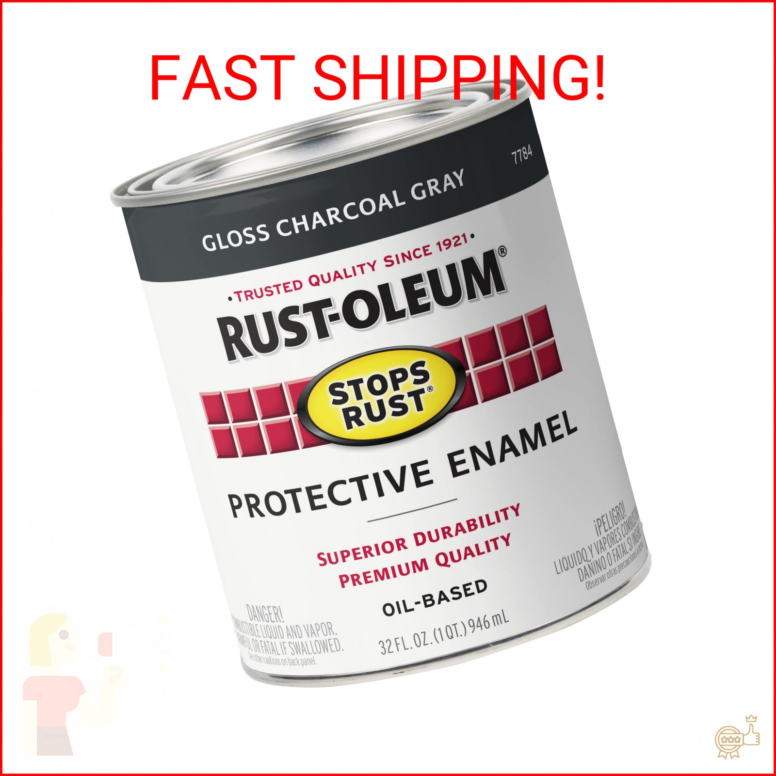 Rust-Oleum 7784502 Stops Rust Brush On Paint, Quart, Gloss Charcoal Gray, (Pack