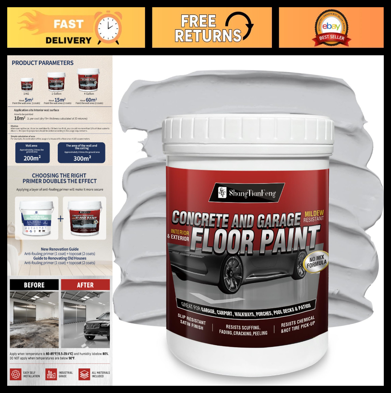 Epoxy Floor Paint Kit 1 Gallon – Light Gray Acrylic Coating for Garages & Baseme