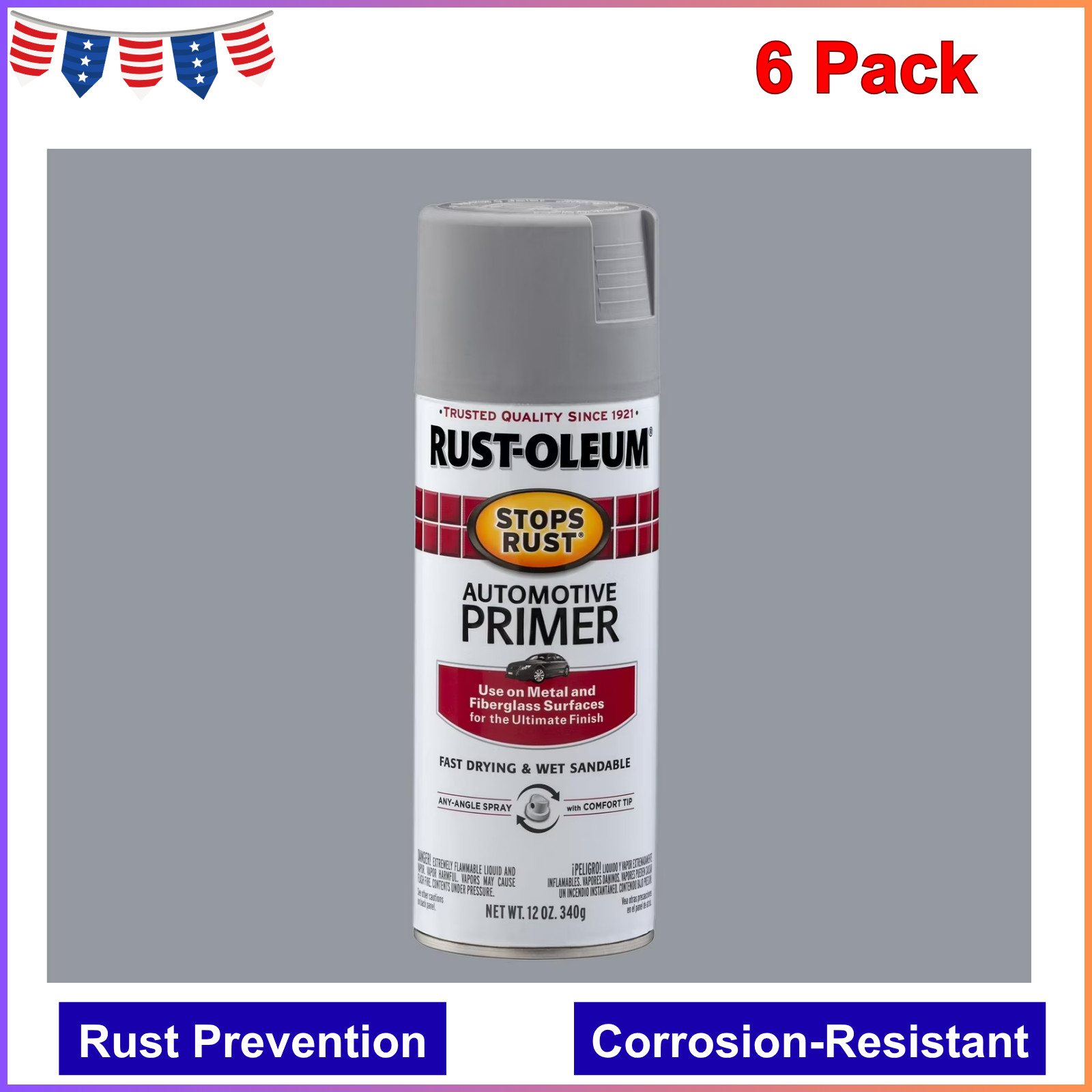 Rust-Oleum Stops Rust Automotive Primer Flat Spray Paint Light Gray 12 oz 6 Pack