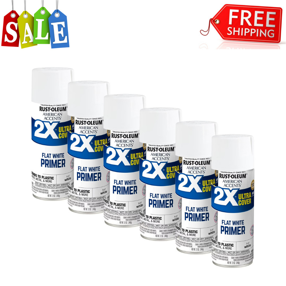 6 Pack Rust-Oleum 2X White Primer Spray Paint, Flat Ultra Cover 12oz Can, 327914