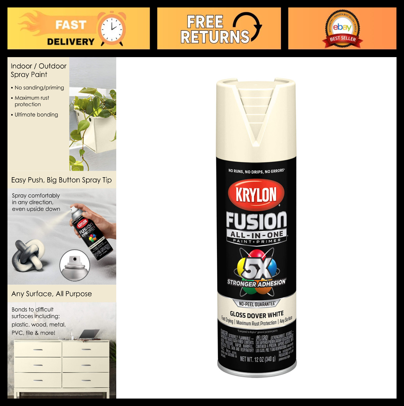 Gloss Spray Paint & Primer All-In-One, Dover White – 12 oz, Indoor/Outdoor Use