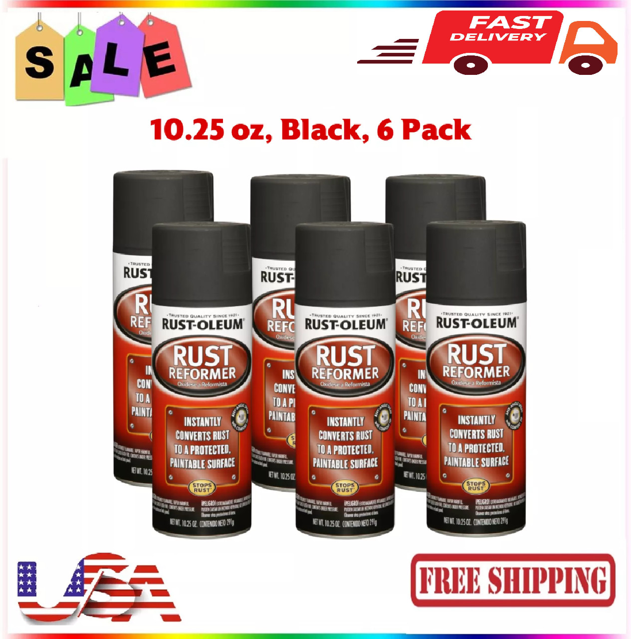 Rust-Oleum 248658-6PK Rust Reformer Spray, 10.25 oz, Black, 6 Pack