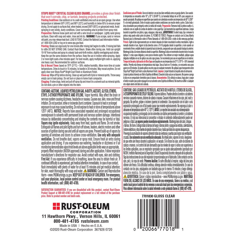 All Surfaces Stops Rust Gloss Protective Enamel Crystal Clear Spray Paint 12 Oz