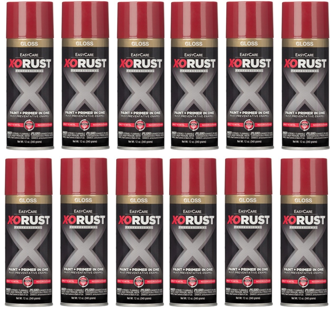 X-O Rust XOP39-AER Gloss RED Anti-Rust Enamel Spray Paint & Primer – 12 Pack