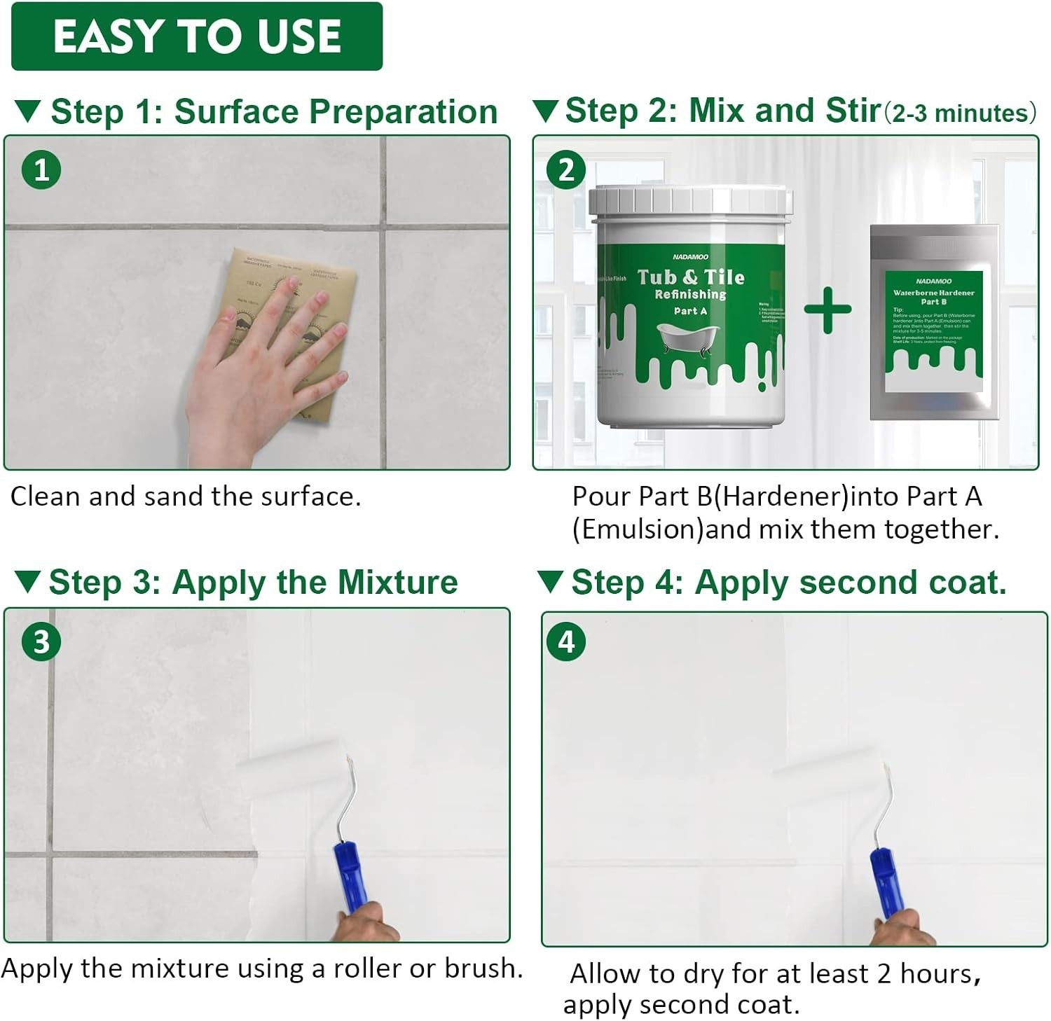 Professional Quality Tub and Tile Refinishing Kit – Non-Toxic, Waterproof Finish