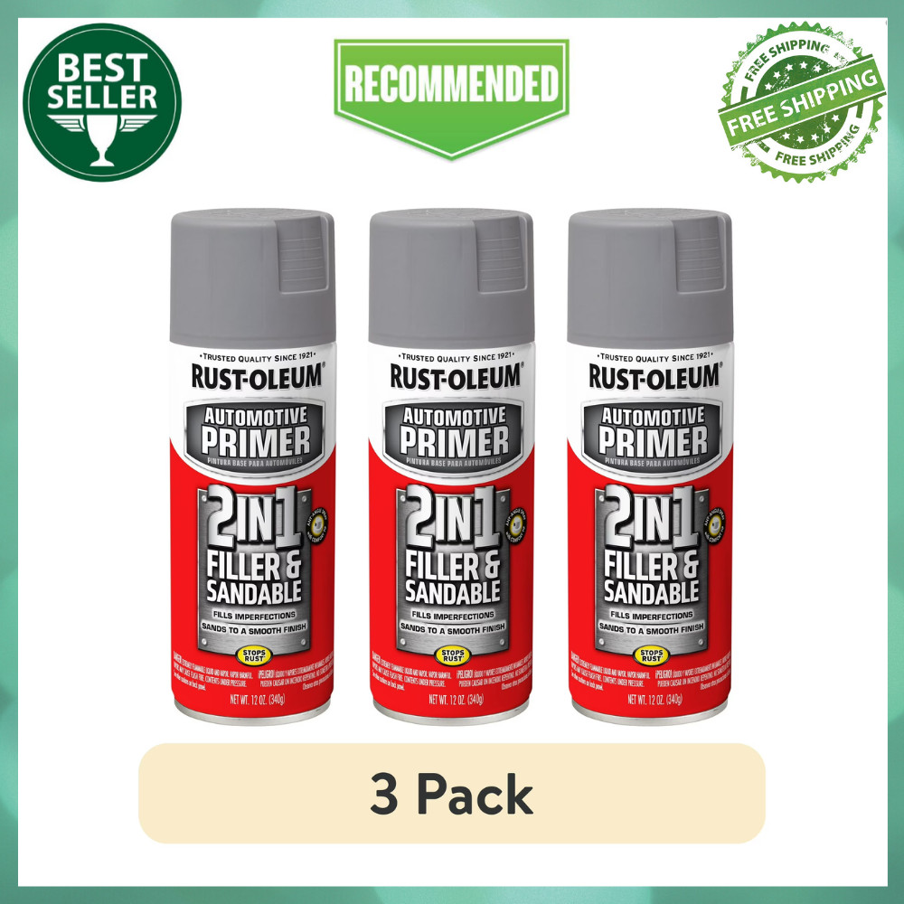 3pk Rust-Oleum Automotive 2 in 1 Filler and Sandable Primer Spray, Gray, 12 oz