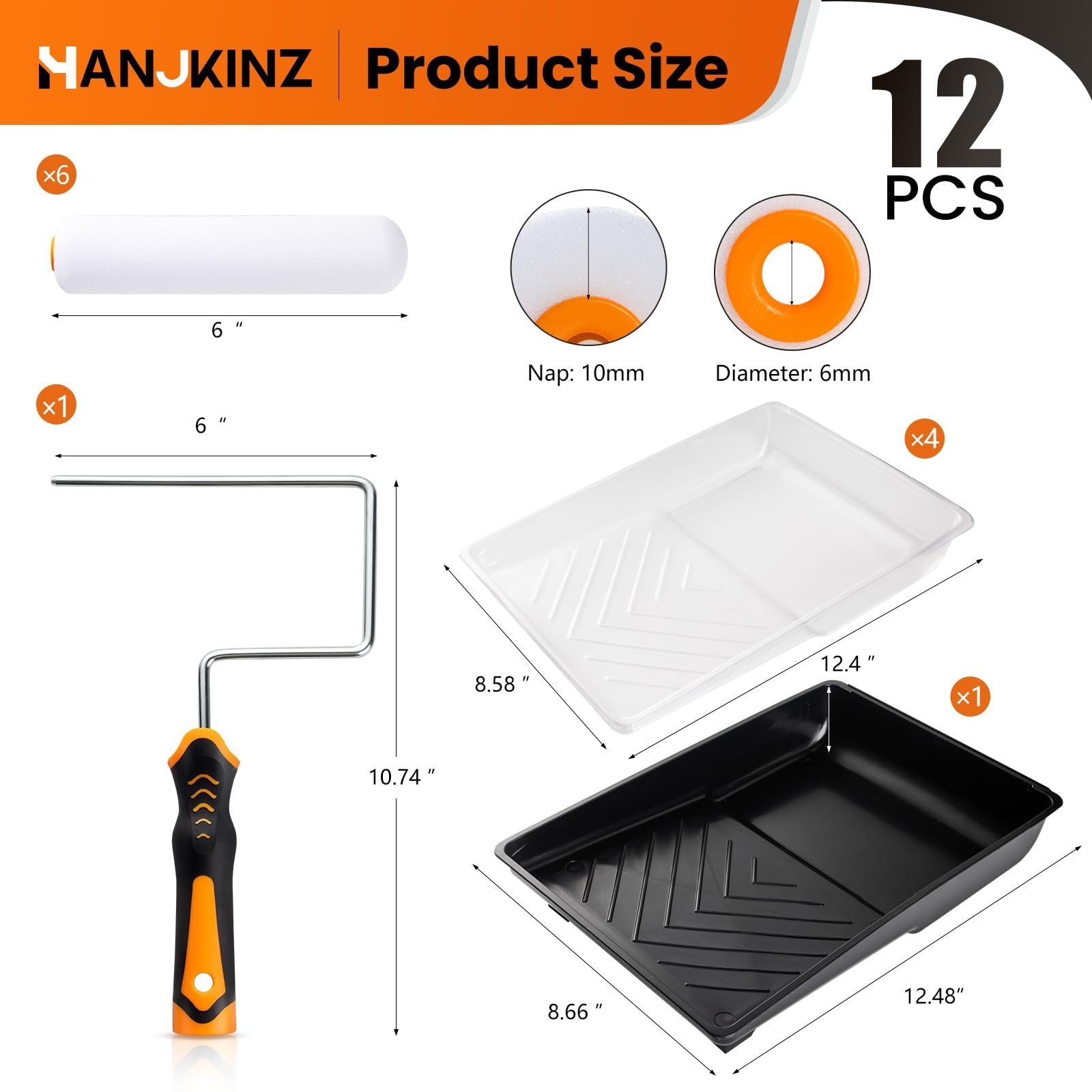 12 Pcs 6 Inch Paint Roller Kit with High-Density Foam Paint Roller, Paint Tra…