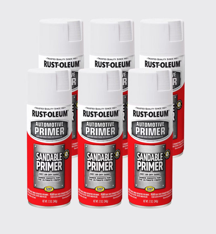 6 Pack, White, Rust-Oleum Automotive Flat Sandable Primer Spray-260737, 12 oz